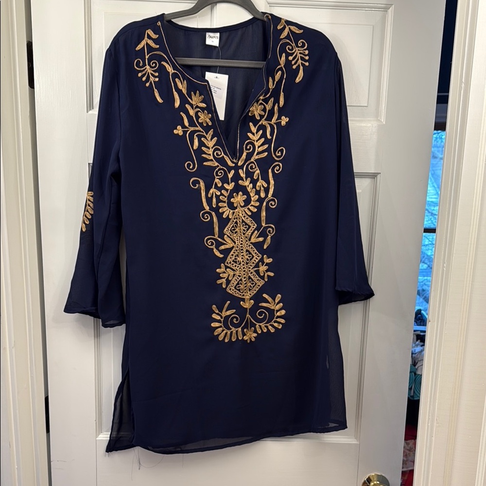 Navy Blue Embroidered Tunic Top